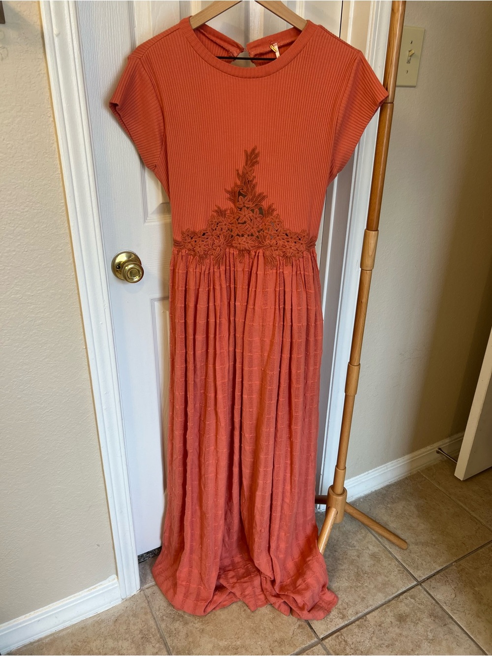 Free People Rust Orange Embroidered Waist Maxi Dress